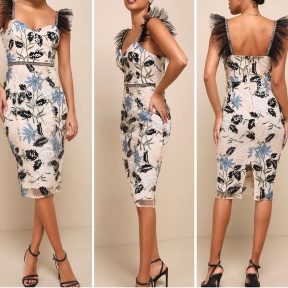 Lulus New Floral Show Stopper Cream blue Embroidered Sequin Bodycon Midi Dress - Picture 4 of 16